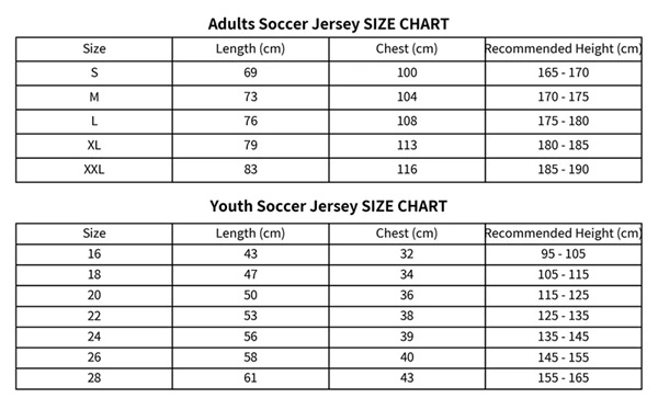 Soccer Jersey size Chart Soccer Jersey size Chart