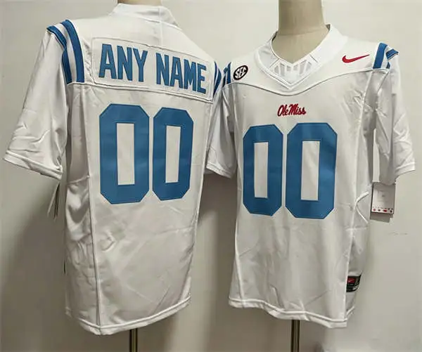 Ole Miss Rebels Custom Nike 2025 White Blue College Football Game Jersey