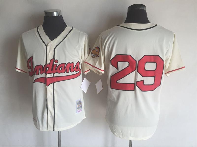Men's Cleveland Indians #19 Bob Feller 1948 Bob Feller Mitchell & Ness Cream Authentic Throwback Jersey