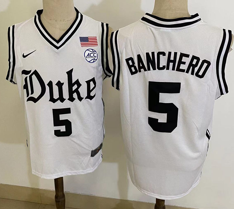 Mens Duke Blue Devils #5 Paolo Banchero White Brotherhood uniform Jersey