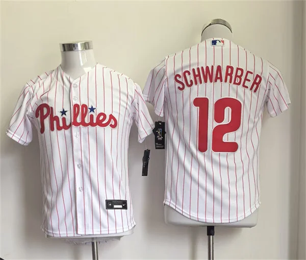 Youth Philadelphia Phillies #12 Kyle Schwarber Nike White Pinstripe Home Cool Base Jersey
