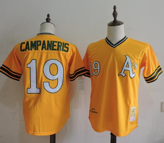 Men's Oakland Athletics #19 Bert Campaneris 1972 Mitchell & Ness Yellow Pullover Cooperstown Throwback Baseball Jersey size S-3XL