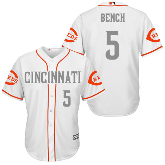 Men's Cincinnati Reds Retired Player #5 Johnny Bench White/Gray Turn Back the Clock Throwback Authentic Player Jersey