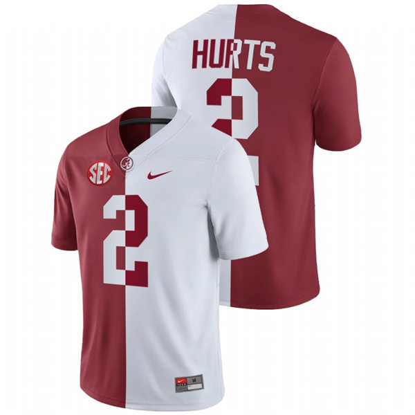 Mens Alabama Crimson Tide #2 Jalen Hurts White Crimson Nike Split Two-Tone Jersey