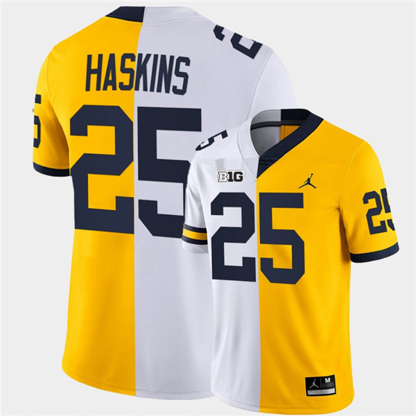 Men Michigan Wolverines #25 Hassan Haskins White Maize Split Two Tone Football Jersey