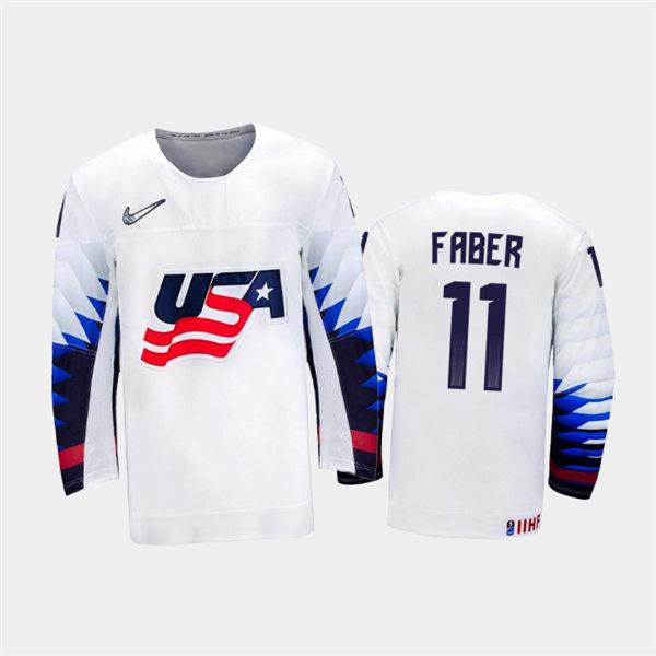 Mens USA Team #11 Brock Faber Stitched 2021 IIHF World Junior Championship Home White Jersey