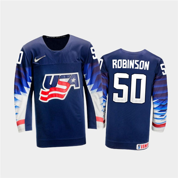 Mens USA Team #50 Eric Robinson Stitched 2021 IIHF World Junior Championship Away Navy Jersey