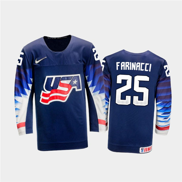 Mens USA Team #25 John Farinacci Stitched 2021 IIHF World Junior Championship Away Navy Jersey