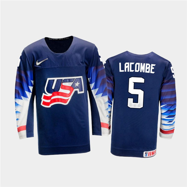 Mens USA Team #5  Jackson LaCombe Stitched 2021 IIHF World Junior Championship Away Navy Jersey