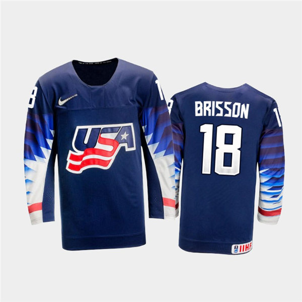Mens USA Team #18 Brendan Brisson Stitched 2021 IIHF World Junior Championship Away Navy Jersey