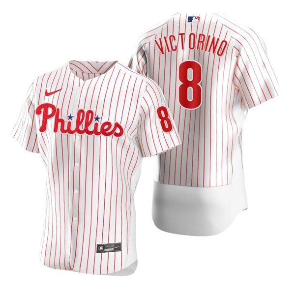Mens Philadelphia Phillies Retired Player #8 Shane Victorino Nike White Pinstripe Home Flexbase Jersey