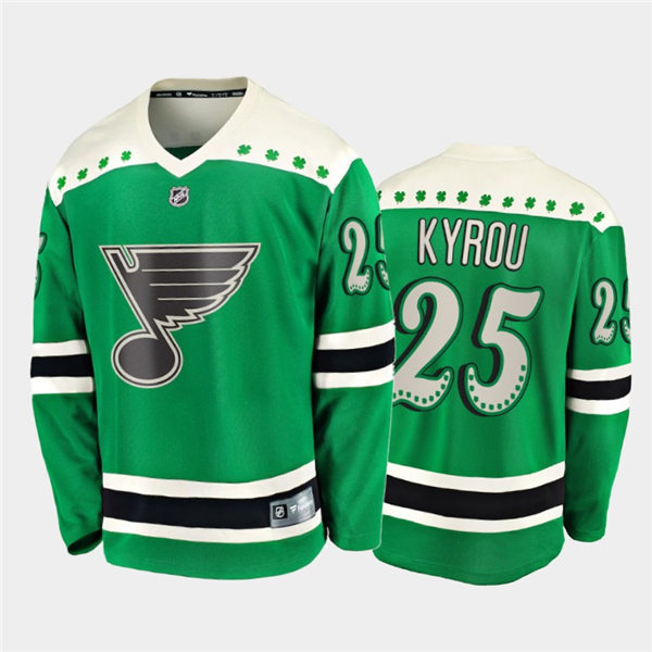 Mens St. Louis Blues #25 Jordan Kyrou adidas 2021 Green St. Patrick's Day Jersey