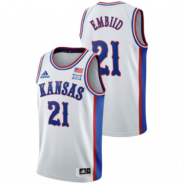 Men's Kansas Jayhawks #21 Joel Embiid White College Basketball 1990s Throwback Jersey