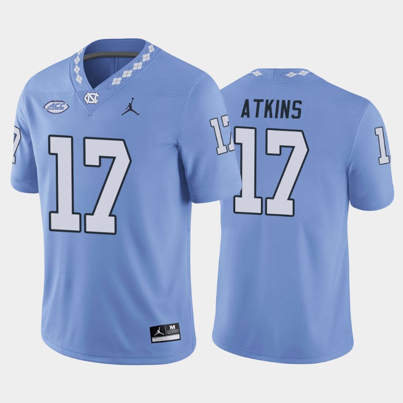 Mens North Carolina Tar Heels #17 Grayson Atkins Carolina Blue College Football Game Jersey