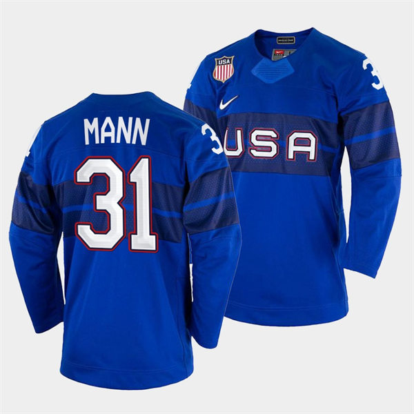 Men's USA Hockey #31 Strauss Mann 2022 Winter Olympics Royal Jersey