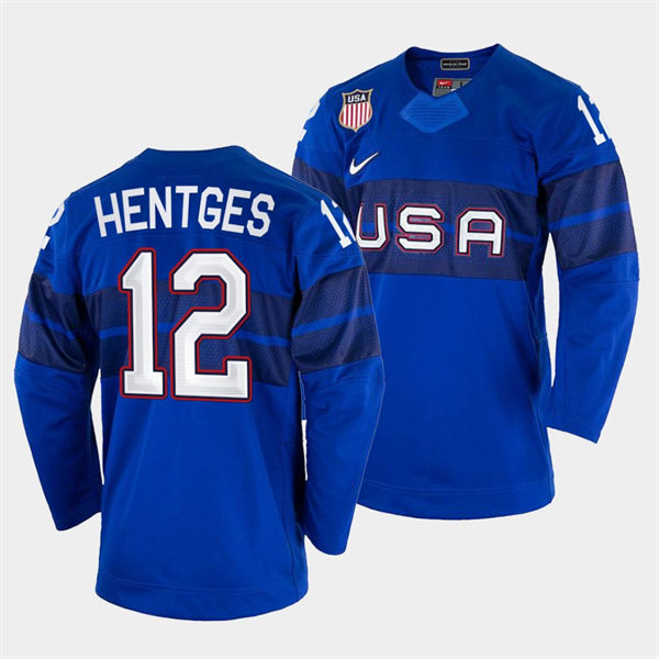 Men's USA Hockey #12 Sam Hentges 2022 Winter Olympics Royal Jersey