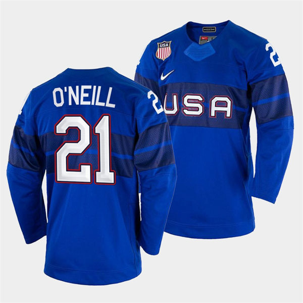 Men's USA Hockey #21 Brian O'Neill 2022 Winter Olympics Royal Jersey