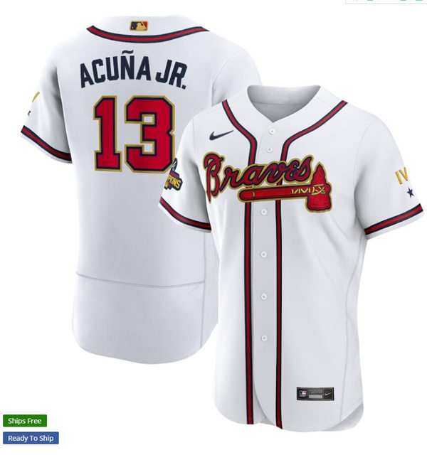 Men's Atlanta Braves #13 Ronald Acuna Jr. Nike White Gold Program 2022 World Championship Player Jersey
