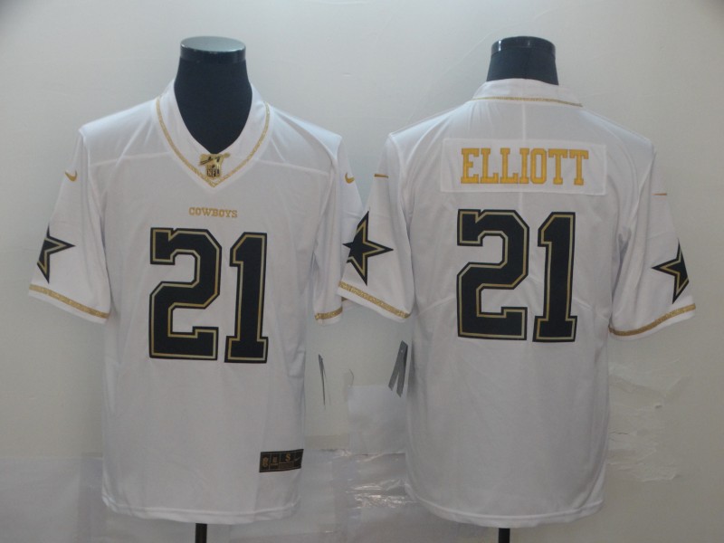 Men's #21 Ezekiel Elliott Dallas Cowboys White Gold Retro Stitched Football Jersey