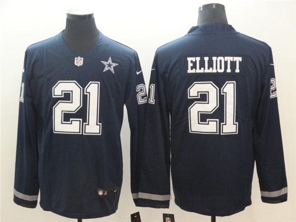 Men's #21 Ezekiel Elliott Dallas Cowboys Navy Teams Stitched Nike Therma Long Sleeve Jersey