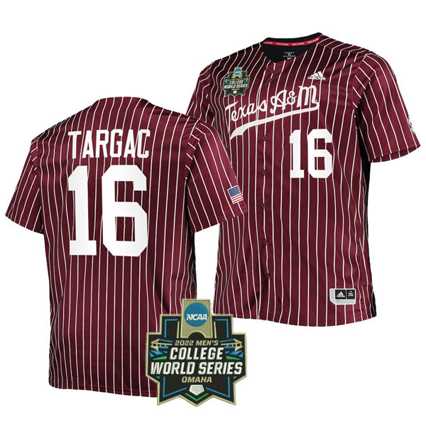 Mens Youth Texas A&M Aggies #16 Ryan Targac 2022 Maroon Pinstripe College World Series Baseball Game Jersey