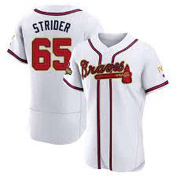 Mens Atlanta Braves #65 Spencer Strider White Gold Program 2022 World Championship Player Jersey