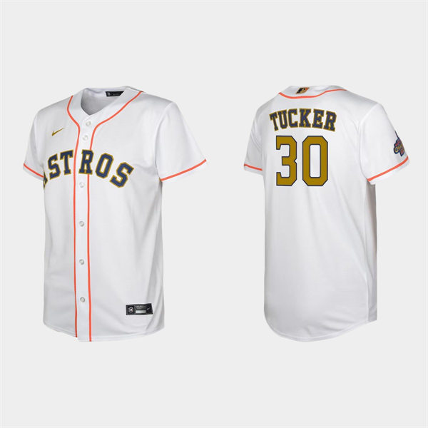 Youth Houston Astros #30 Kyle Tucker White 2023 Gold Rush Uniform Jersey