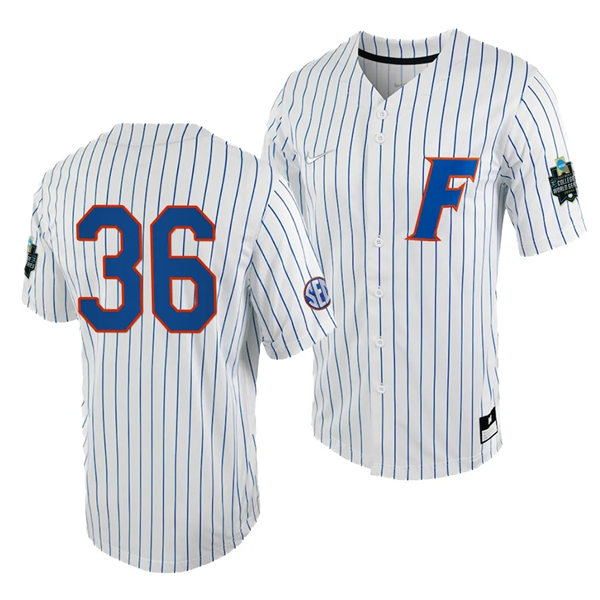 Mens Youth Florida Gators #36 Wyatt Langford Nike White Pinstripe 2023 College Baseball World Series Jersey