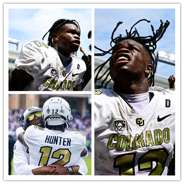 Mens Youth Colorado Buffaloes #12 Travis Hunter 2023 White Gold Football Jersey 
