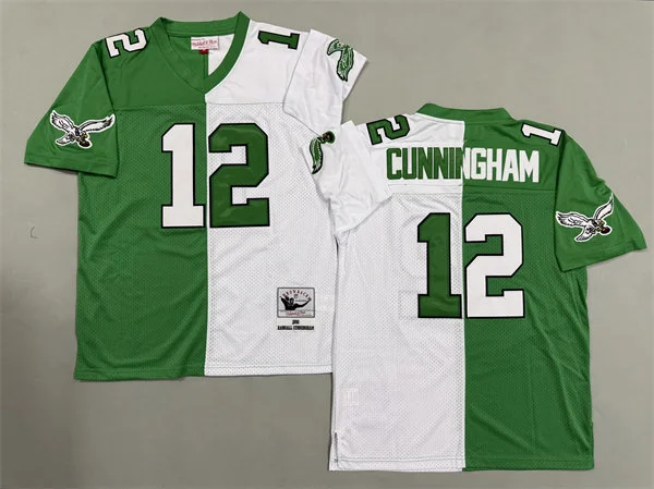Mens Philadelphia Eagles #12 Randall Cunningham 1990 Kelly Green White Split Two Tone Throwback Jersey