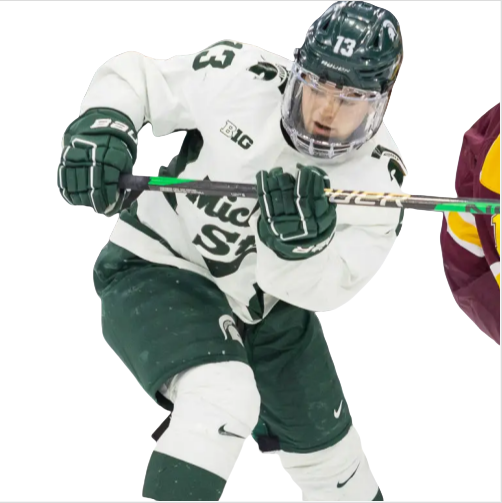 Mens Youth Michigan State Spartans #13 Tiernan Shoudy (A) 2024 White Hockey Jersey

