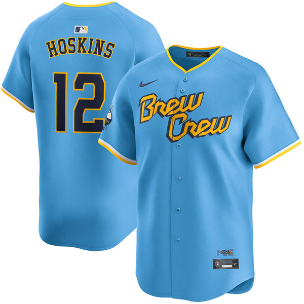 Mens Milwaukee Brewers #12 Rhys Hoskins Powder Blue City Connect Jersey