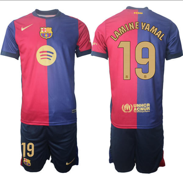 Mens FC Barcelona  #19 Lamine Yamal 2025 Red Blue Home Soccer Jersey kit