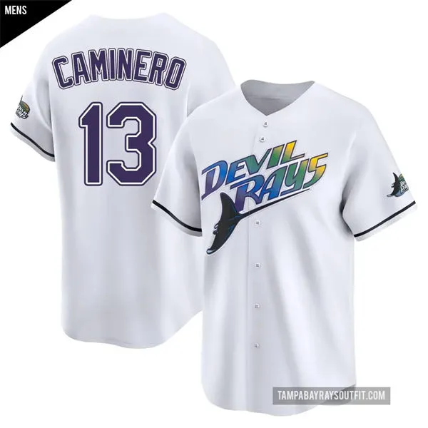 Men's Tampa Bay Rays #13 Junior Caminero White 25th Anniversary Retro Limited Jersey