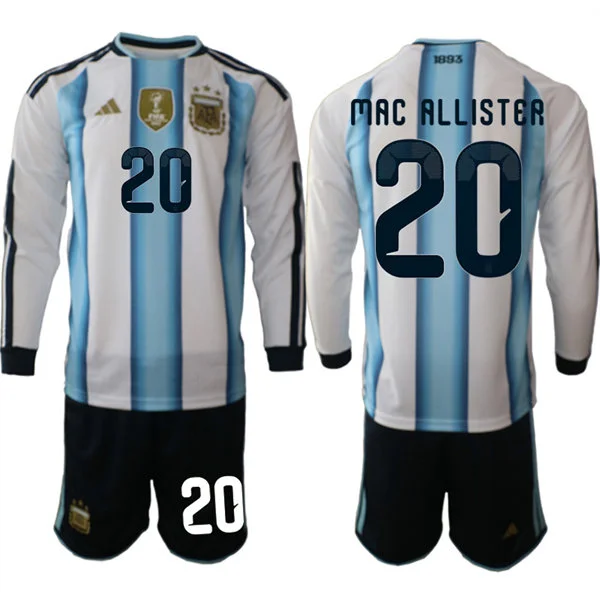 Mens Argentina National Team #20 Alexis Mac Allister 2026 FIFA World Cup Soccer Home White Long Sleeve Jersey Kit