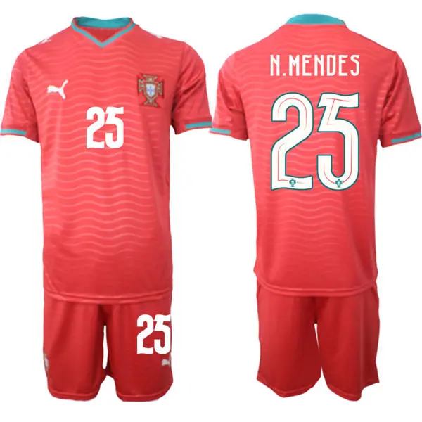 Mens Portugal National Team #25 Nuno Mendes Home Red 2026 FIFA World Cup Soccer Jersey Kit
