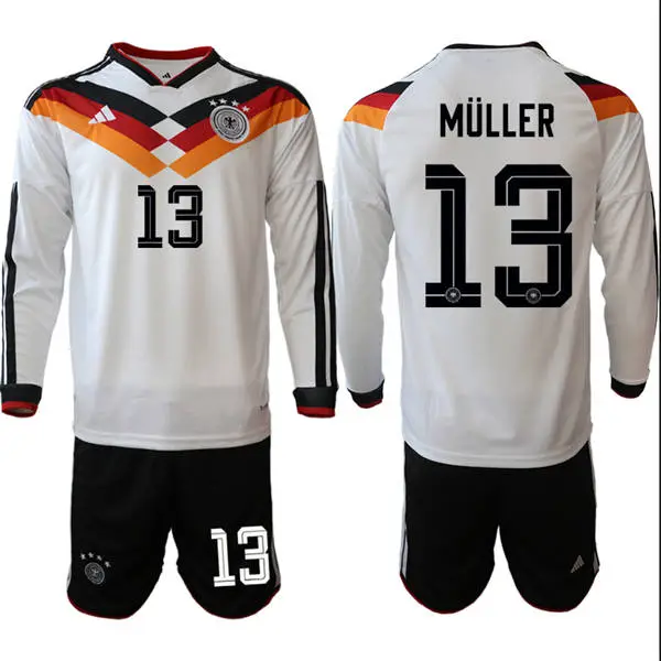 Mens Germany National Team #13 Thomas Muller White Long Sleeve 2026 FIFA World Cup Soccer Jersey Kit