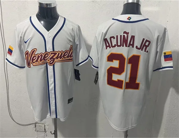 Men's Venezuela #21 Ronald Acuna Jr. Nike White 2026 World Baseball Classic Road Stadium Jersey