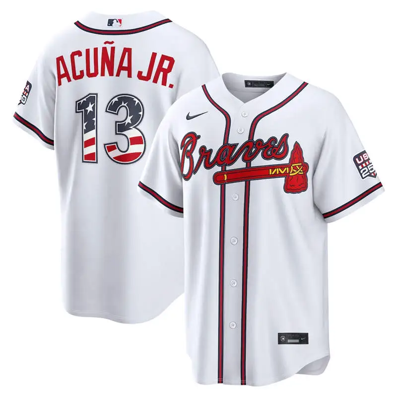 Men's Atlanta Braves #13 Ronald Acuna Jr. Nike White USA 250 Fourth of July Home Stadium Jersey