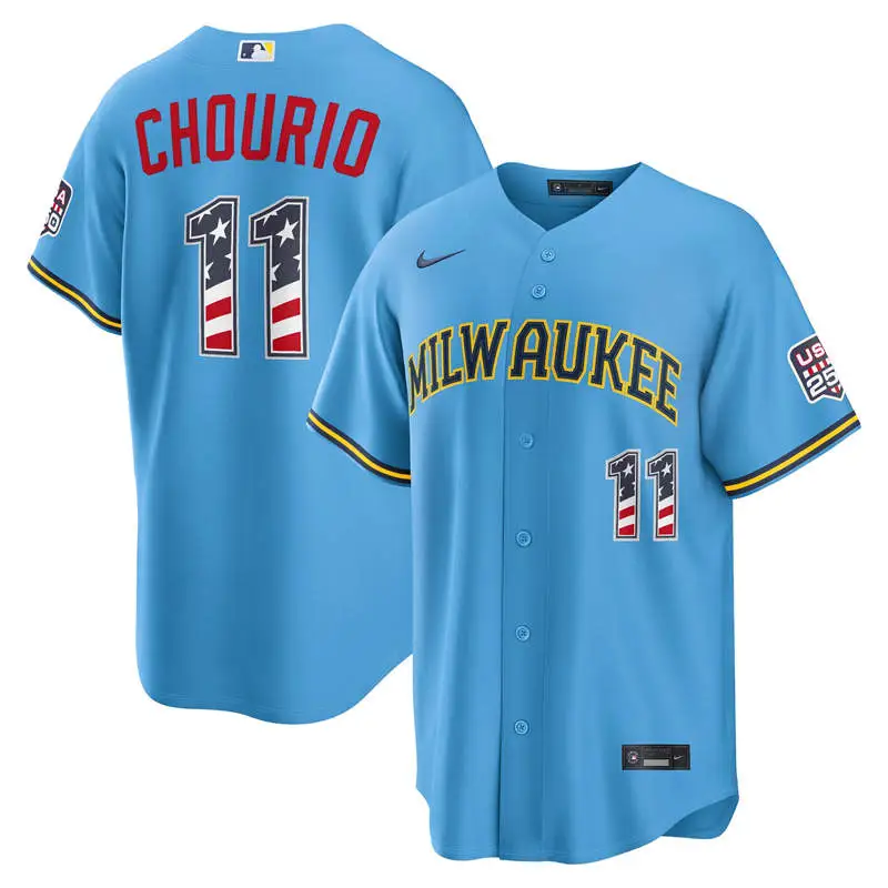 Men's Milwaukee Brewers #11 Jackson Chourio Nike Light Blue USA 250 Fourth of July Road Stadium Jersey