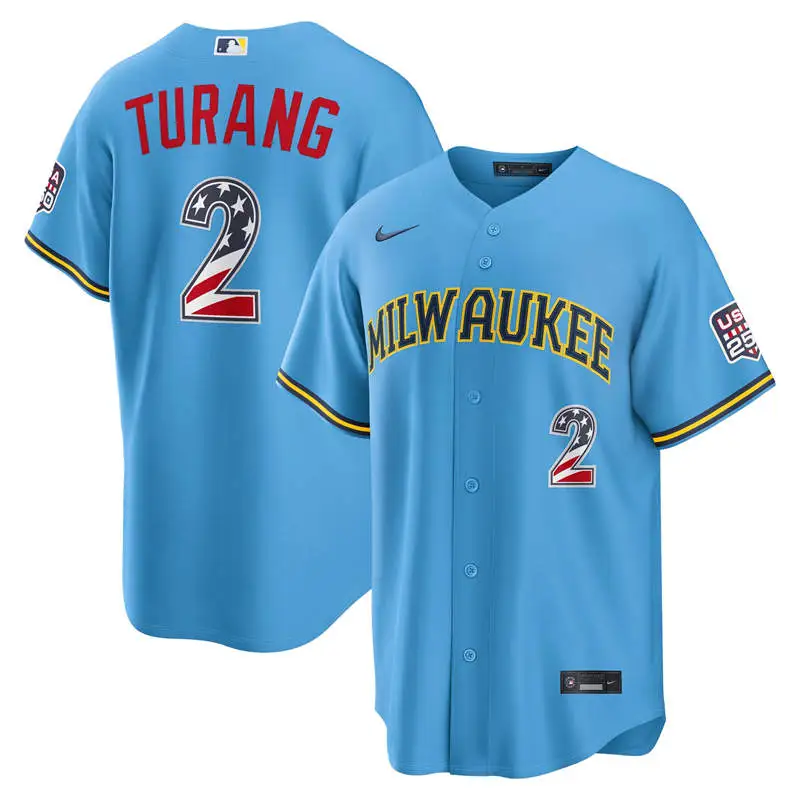 Men's Milwaukee Brewers #2 Brice Turang Nike Light Blue USA 250 Fourth of July Road Stadium Jersey