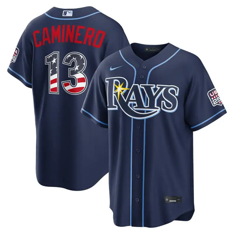 Men's Tampa Bay Rays #13 Junior Caminero Nike Navy USA 250 Fourth of July Road Stadium Jersey