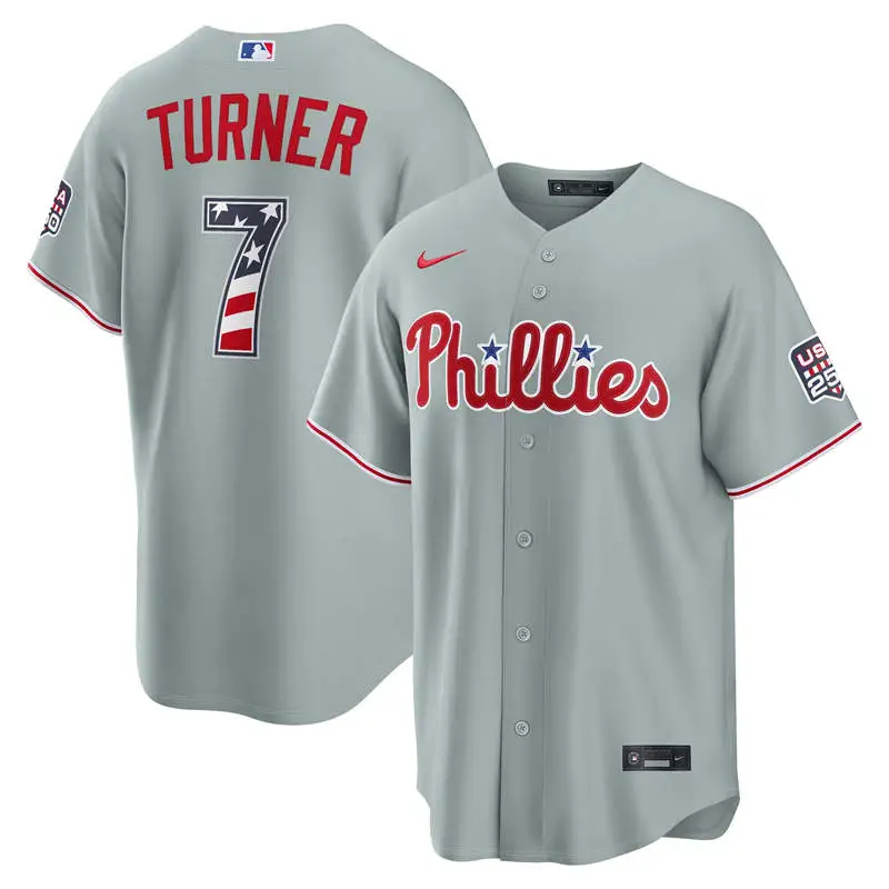 Men's Philadelphia Phillies #7 Trea Turner Nike Gray USA 250 Fourth of July Road Stadium Jersey