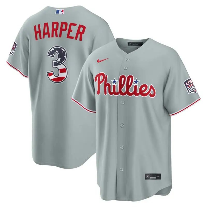 Men's Philadelphia Phillies #3 Bryce Harper Nike Gray USA 250 Fourth of July Road Stadium Jersey