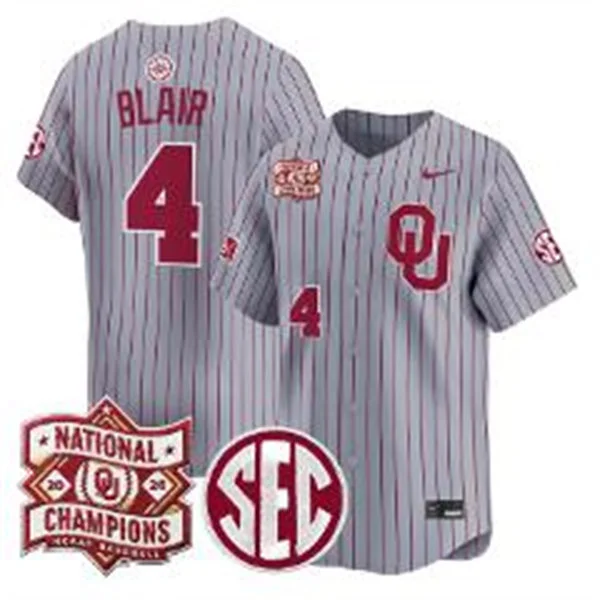 Oklahoma Sooners #4 Alec Blair Gray Pinstripe 2026 NCAA Baseball Men's College World Series Champions Jersey