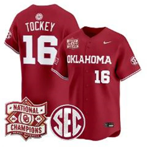 Oklahoma Sooners #16 Dayton Tockey Crimson 2026 NCAA Baseball Men's College World Series Champions Jersey