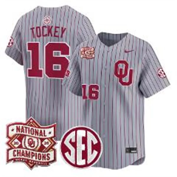Oklahoma Sooners #16 Dayton Tockey Gray Pinstripe 2026 NCAA Baseball Men's College World Series Champions Jersey