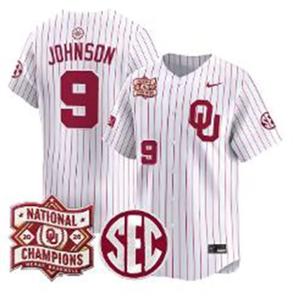 Oklahoma Sooners #9 Camden Johnson White Pinstripe 2026 NCAA Baseball Men's College World Series Champions Jersey