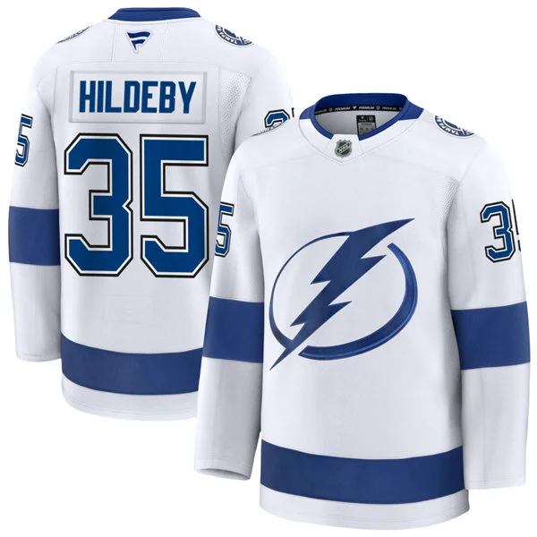 Mens Tampa Bay Lightning #35 Dennis Hildeby Fanatics White Away Premium Jersey