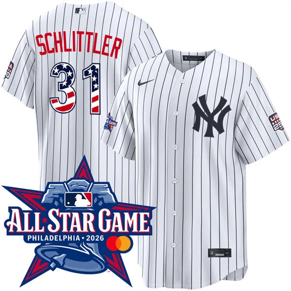 Men's New York Yankees #31 Cam Schlittler Nike White Pinstripe with Name 2026 All-Star Edition Stars & Stripes Stadium Jersey